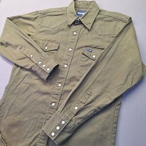 Wrangler Mens Olive Green Western Snap Long Sleeve Shirt Medium Heavy Cotton